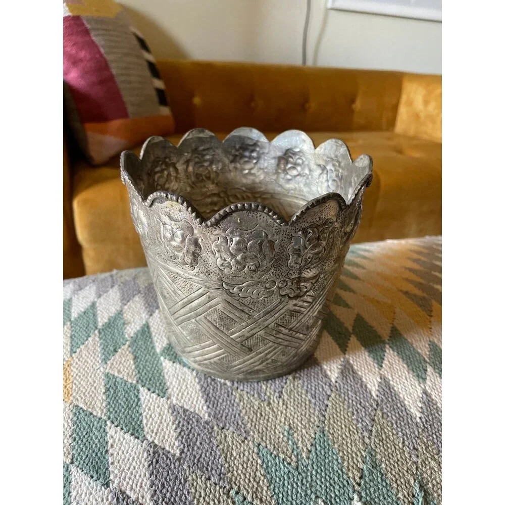 Vintage Indian 1960's Engraved Silverplate Jardiniere Planter Decorative Accent